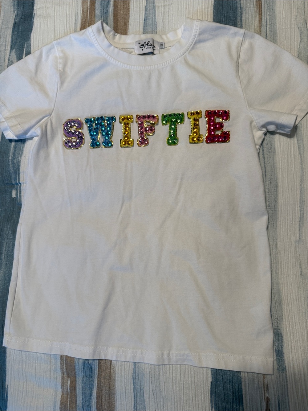 Lola + The Boys White Tee with Rainbow Sequin 'SWIFTIE'